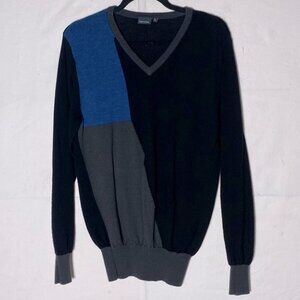 Matinique Black Blue Grey Colour Block Wool Long Sleeve V Neck Sweater M
